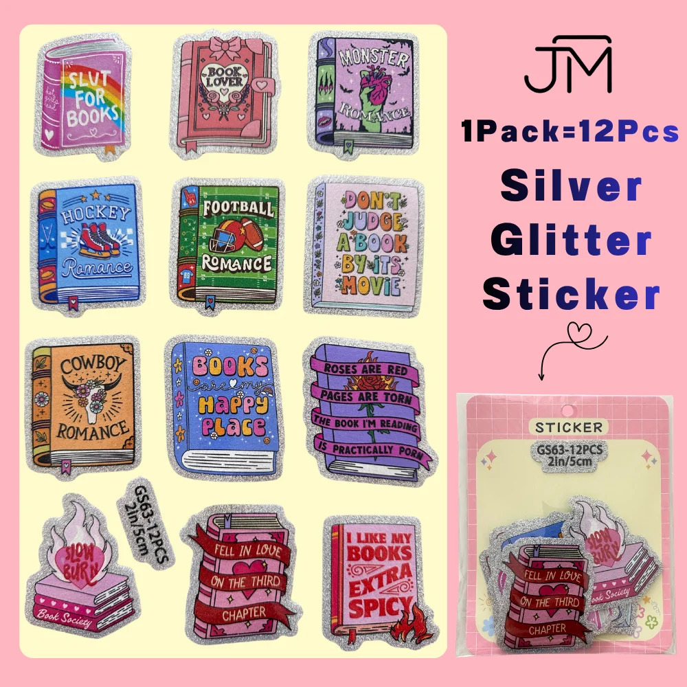 

12pcs Bookish Girlie Book Lover Gold Glitter UV DTF Sticker Waterproof Sparkle Shiny Decals For Bottle Tumbler Laptop Journal
