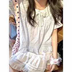 Japanese Sweet Plaid Ruffles Peter Pan Collar Camisas Loose Lace-up Short Sleeve Y2k Preppy Style Women Shirts Chemise Femme