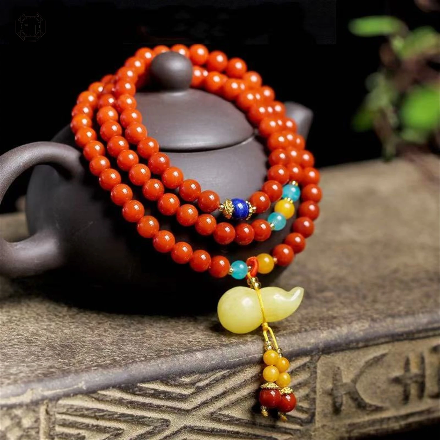 Natural Nanhong Agate Multi Strand Bracelet Amber Gourd Pendant Vintage Round Bead Buddhist Mala Ethnic Women Jewelry Gift