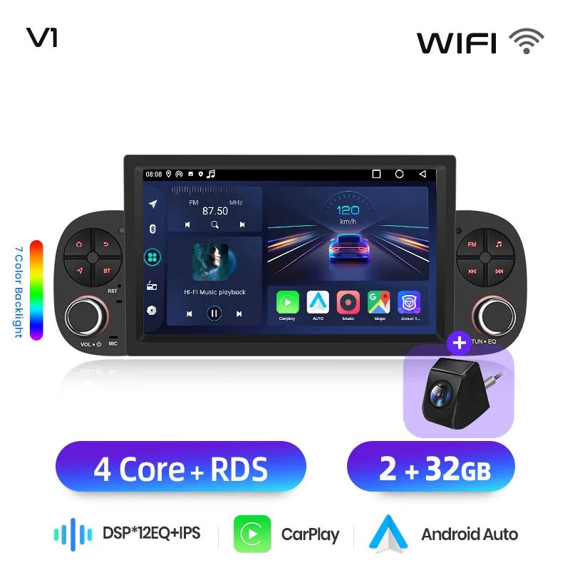Junsun 7 "Draadloze CarPlay Android Auto Radio voor Fiat Panda 2013 2014 2015-2020 GPS Stereo multimedia WiFi 4G 8core RDS