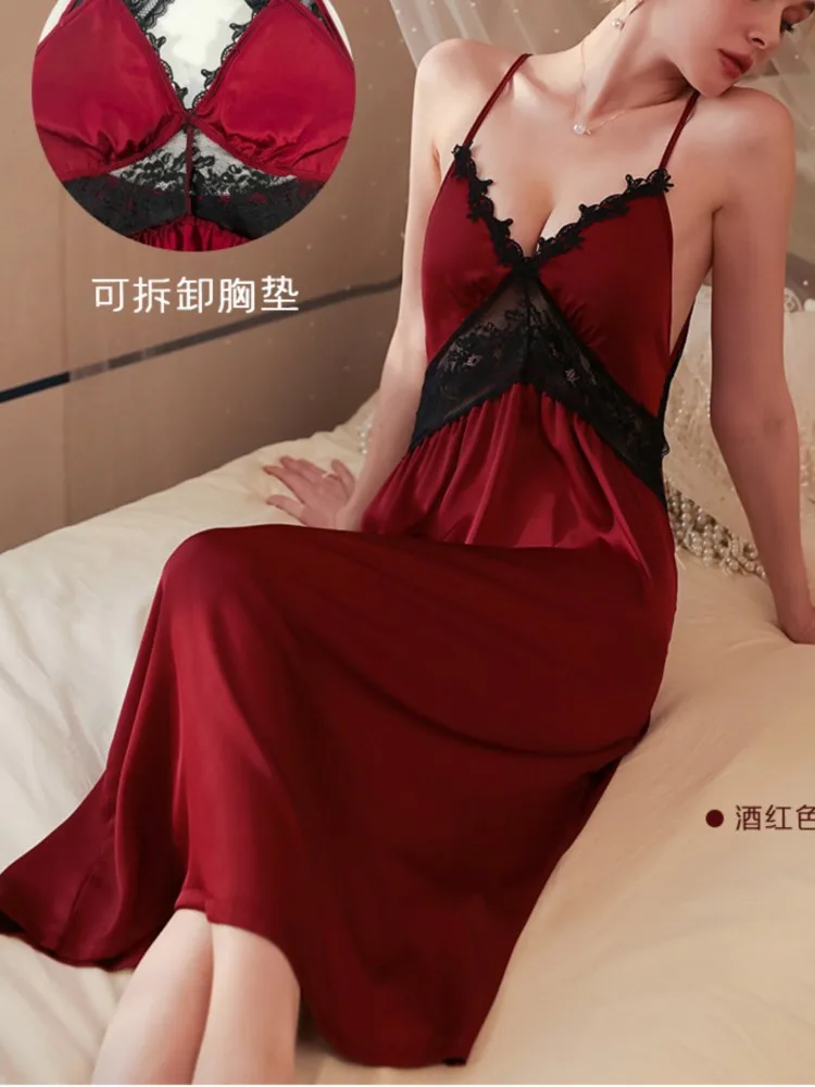 ผู้หญิง Nightdress ชุดยาวเซ็กซี่แขนกุด Backless Nightgown ซาตินผ่านลูกไม้ Patchwork แฟชั่น Elegant Low Cut ชุดนอน