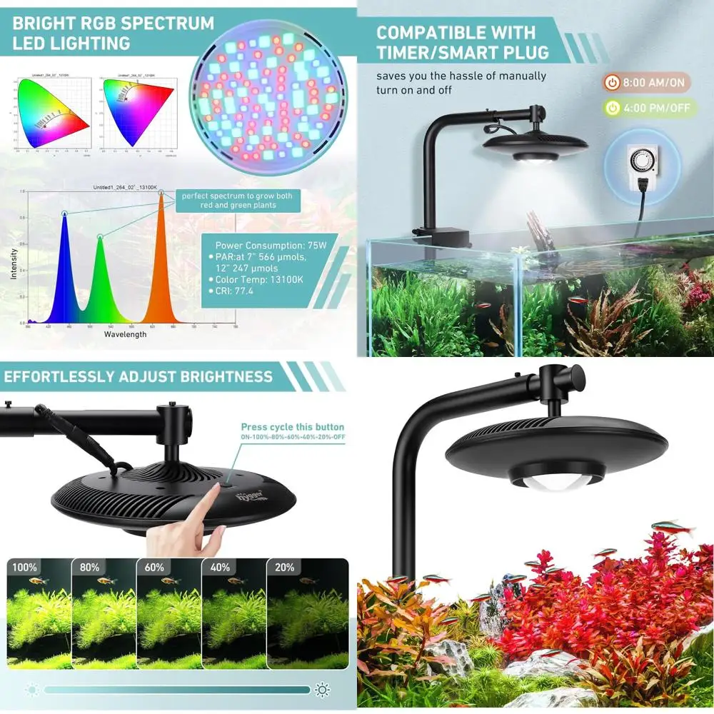 

75W High PAR Aquarium LED Light, 5-Spectrum Adjustable for Planted Tank, Shrimp Tank & Paludarium Display