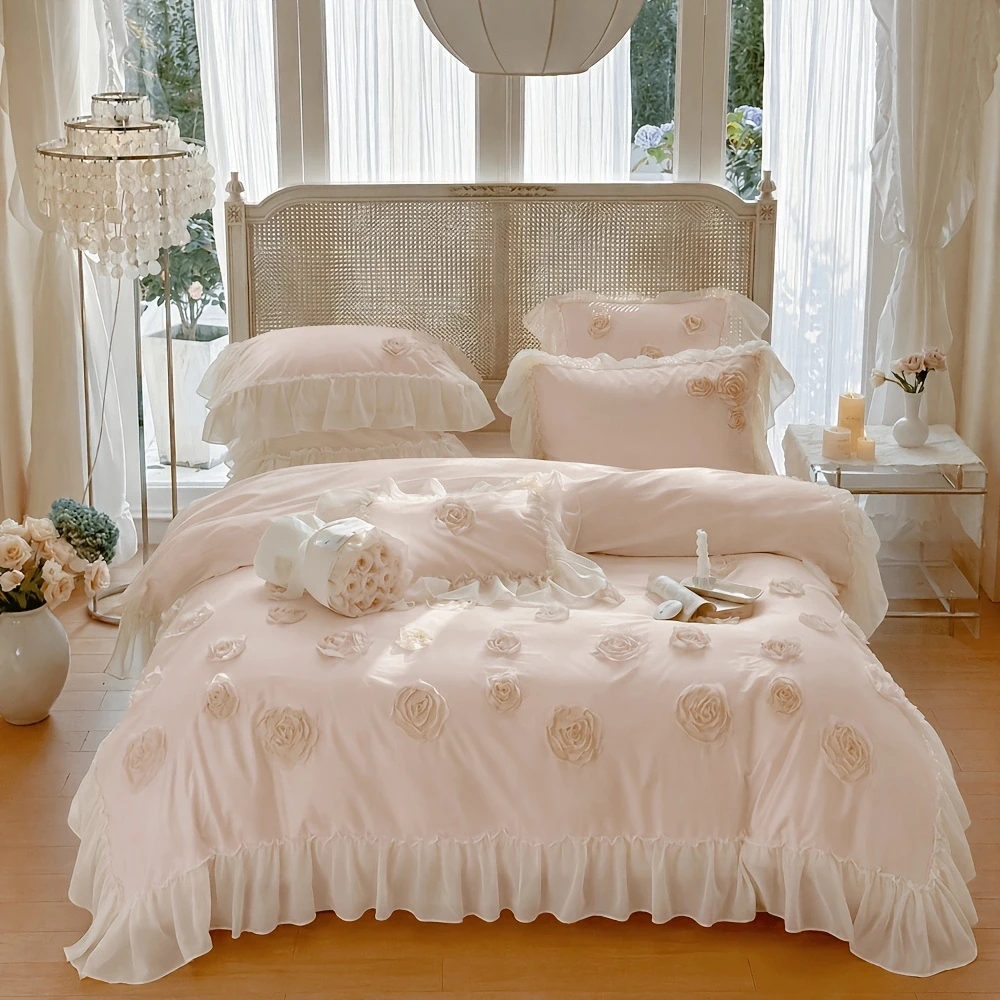 Princess Pink Duvet Cover 3Pcs Chiffon Lace 3D Rose Decor Bedding 1Duvet Cover 2Pillowcases Premium Soft SkinFriendly Fabric