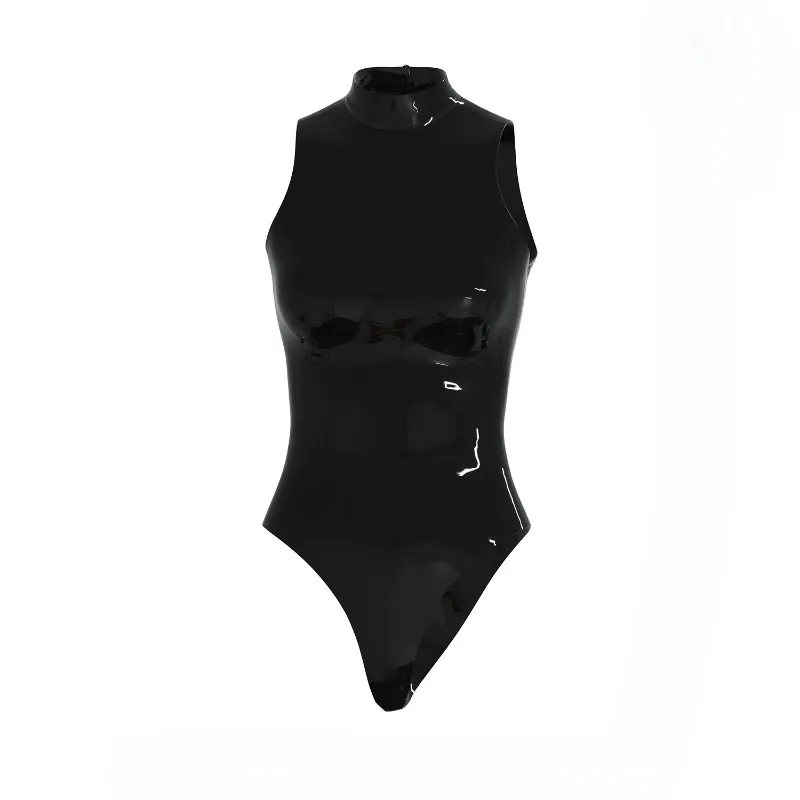 Customized Black Peach Latex Jacket Sleeveless High Fork Swimsuit Small High Collar Latex Swimsuit Sexy Swimsuit BA014