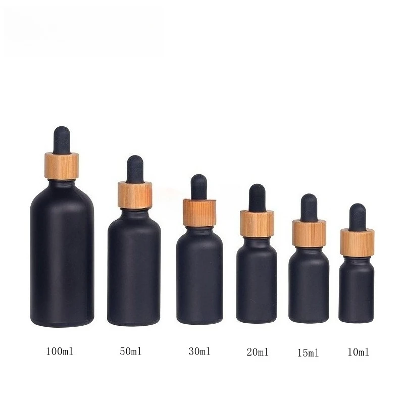 2/5/10pcs 5/10/15/20/30/50/100ml Matte Black Essential Oil Bottle Bamboo Wood Rubber Dropper Cap Frosted Glass Cosmetic Bottle view 5