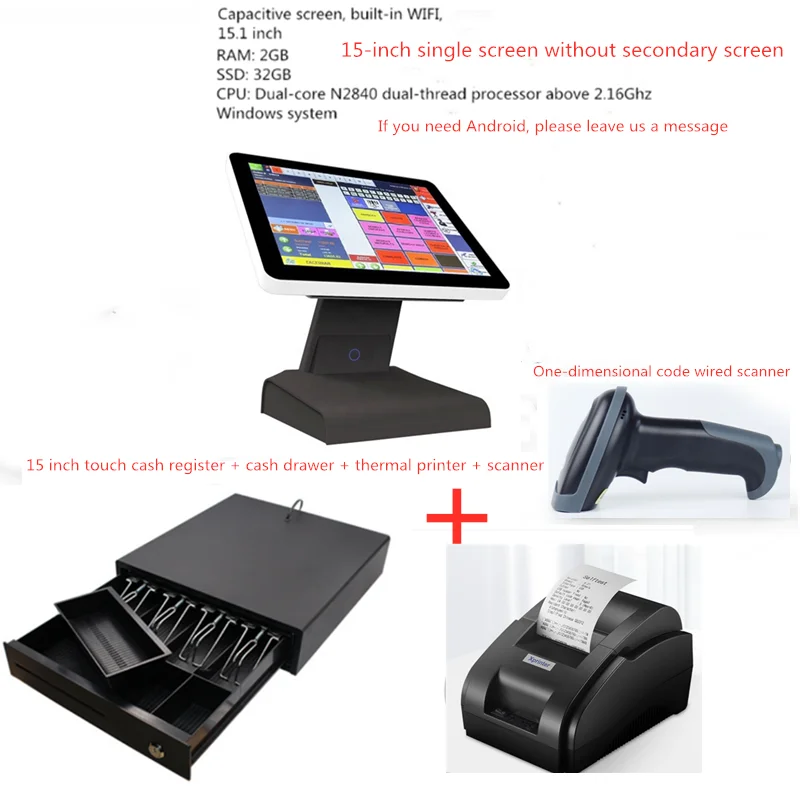 Laptop Windows 10 oder Android Pos System Registrier kasse 15 Zoll mit Scanner in WLAN 58mm Thermo drucker Kassen schublade gebaut