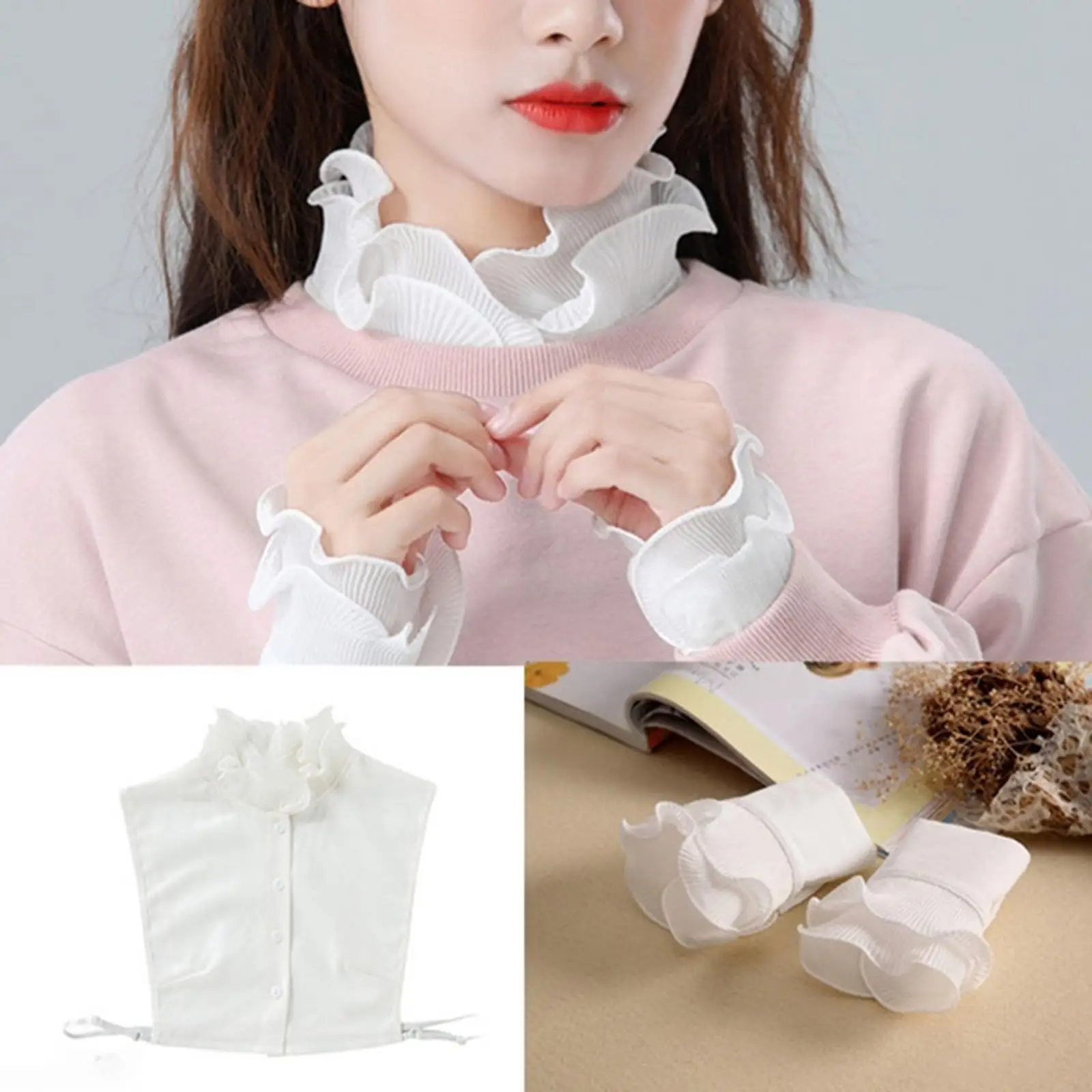 

White Ribbed Ruffles Collar Women Detachable Collar Half Shirt Blouse for Sweaters and Collarless Clothes