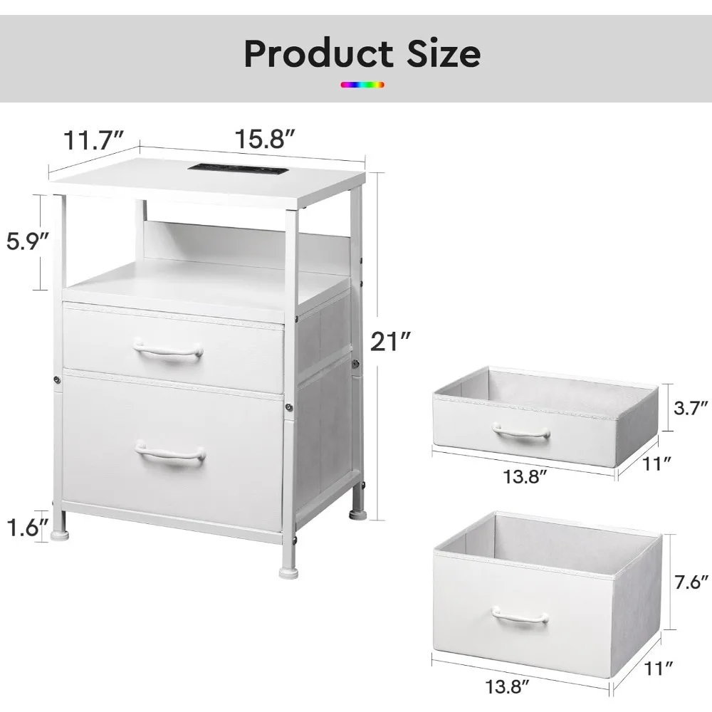 Mesita de noche blanca con estación de carga, mesita de noche LED con 2 cajones de tela, mesa lateral con estante abierto