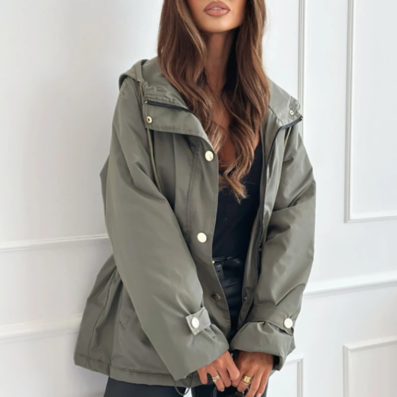 Vintage Solid Color Zipper Hooded Jacket Office Lady Drawstring Waist Short Coat 2024 Casual Single Breasted Long Sleeve Outwear