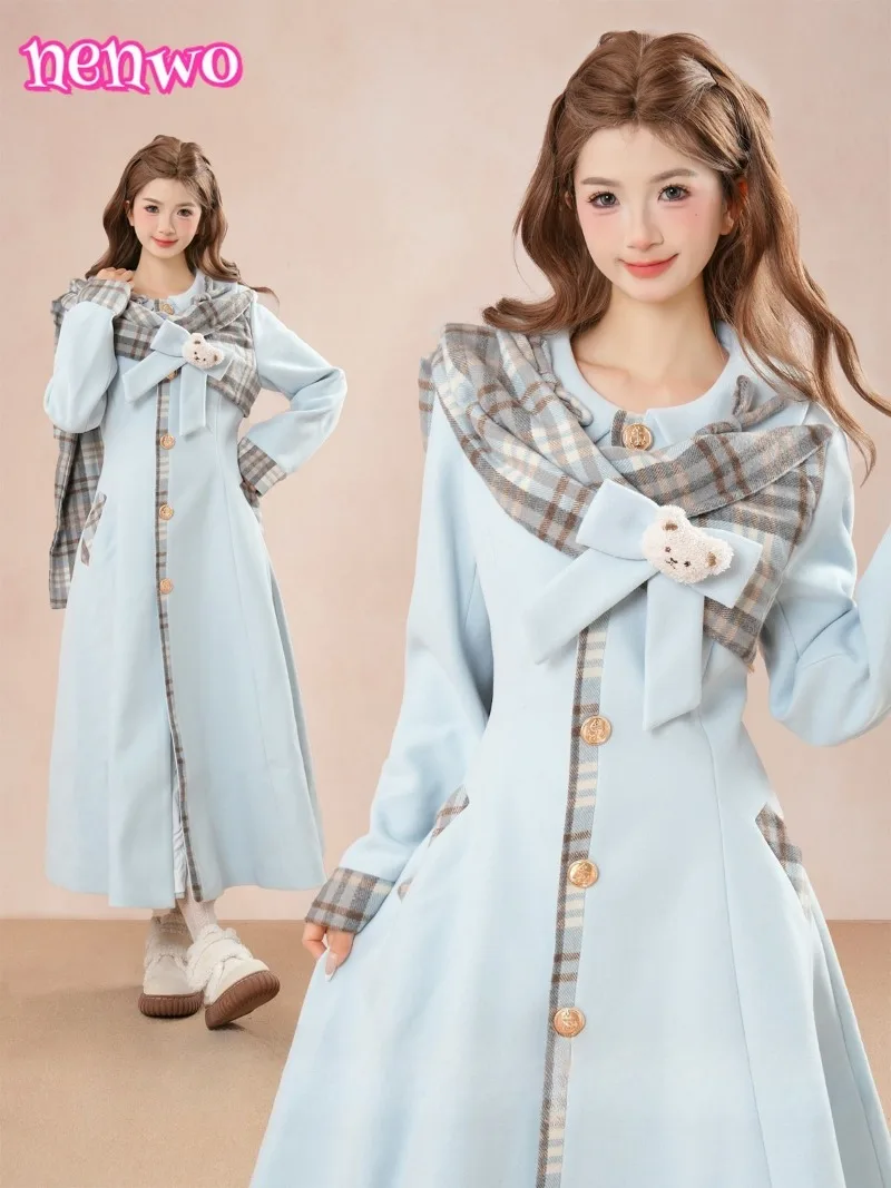 

Lolita Sweet Blue Patchwork Wool Coat for Women Autumn Winter Waist Cinching Long Woolen Coat Female Japanese Lolita Overcoat