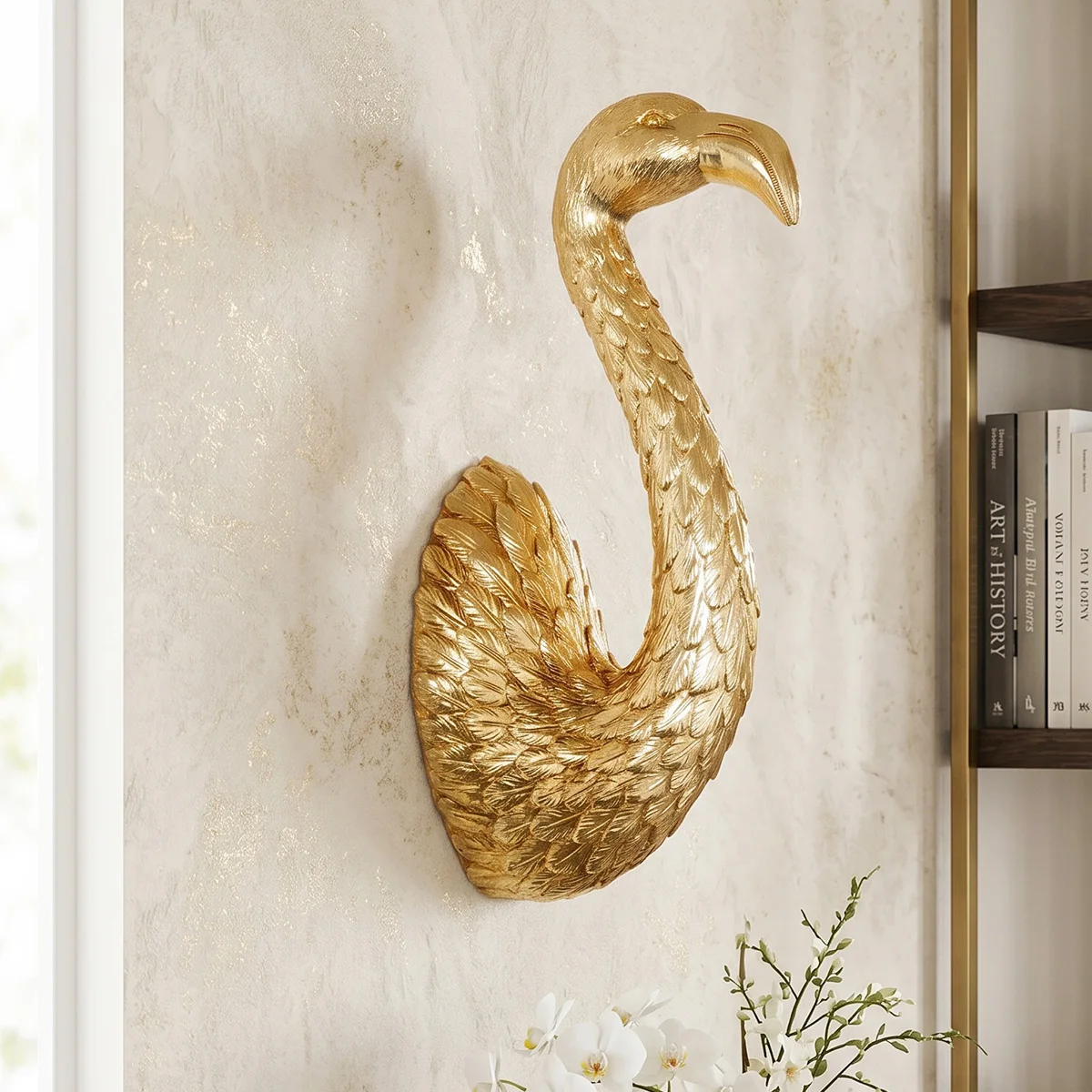 1PC, Golden Flamingo Three-Dimensional Wall Decor Hook, Resin Material Animal Wall Decoration, Living Room Decor Item