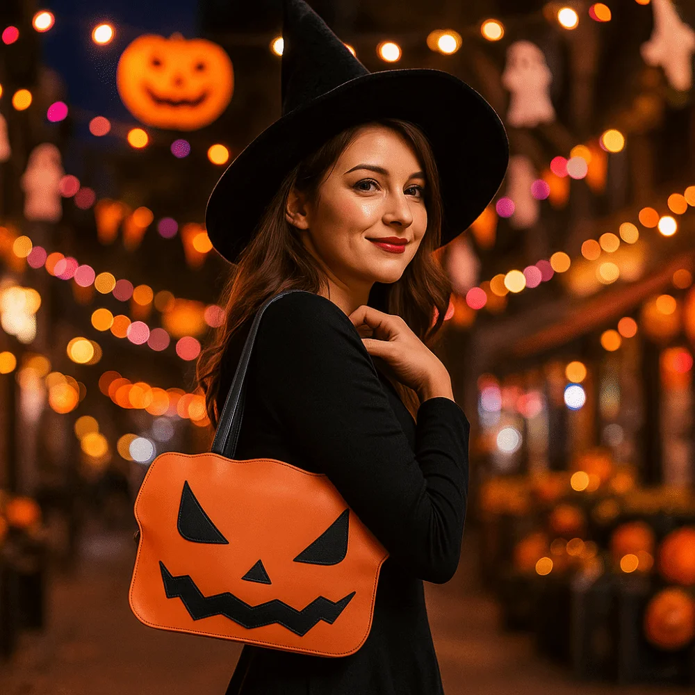 

Portable Gothic Halloween Tote Bag Pu Leather Large Capacity Pumpkin Shoulder Bag Quirky Creative Demon Messenger Bag Festival