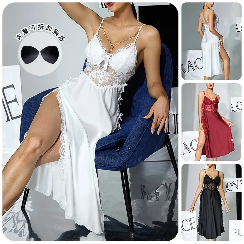 Women Black Lace Satin Midi Nightgown Strap Neck Bow Decor Sheer Floral Lace Bust Side Lace Trim High Slit Sleep Dress 7C8K
