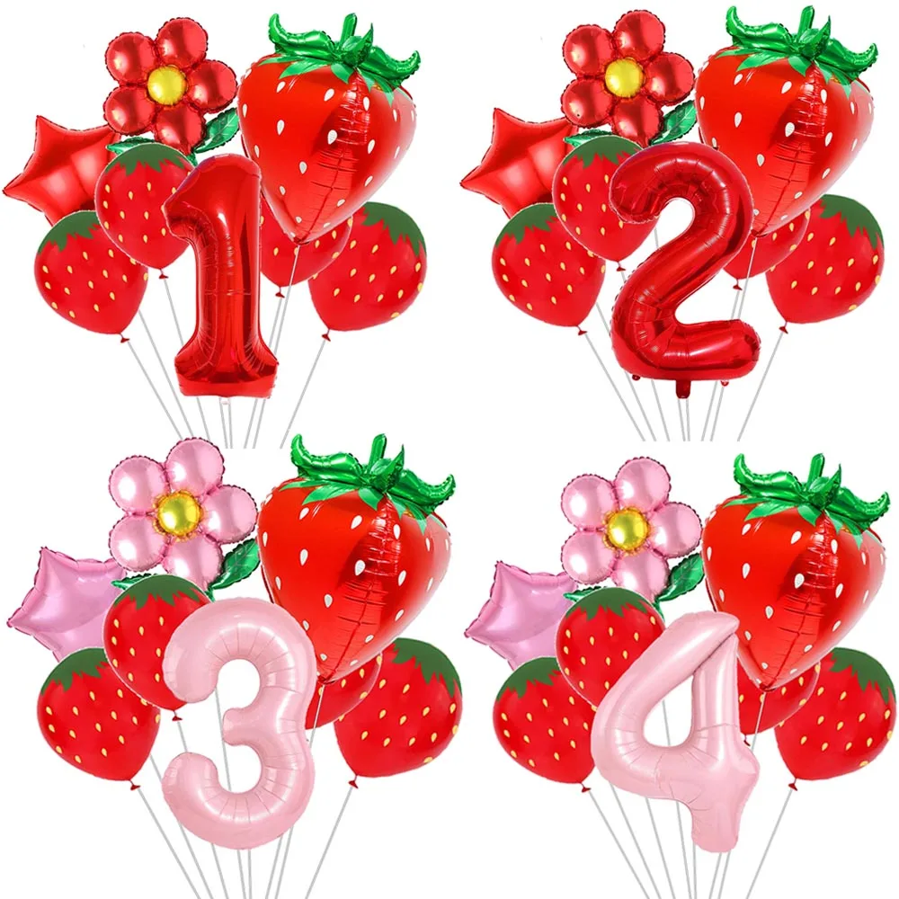 9-teiliges Erdbeer-Ballon-Set Geburtstagsdekoration mit 32-Zoll 0-9 Zahlenballons für Erdbeer-Geburtstagsfeier-Dekorationen
