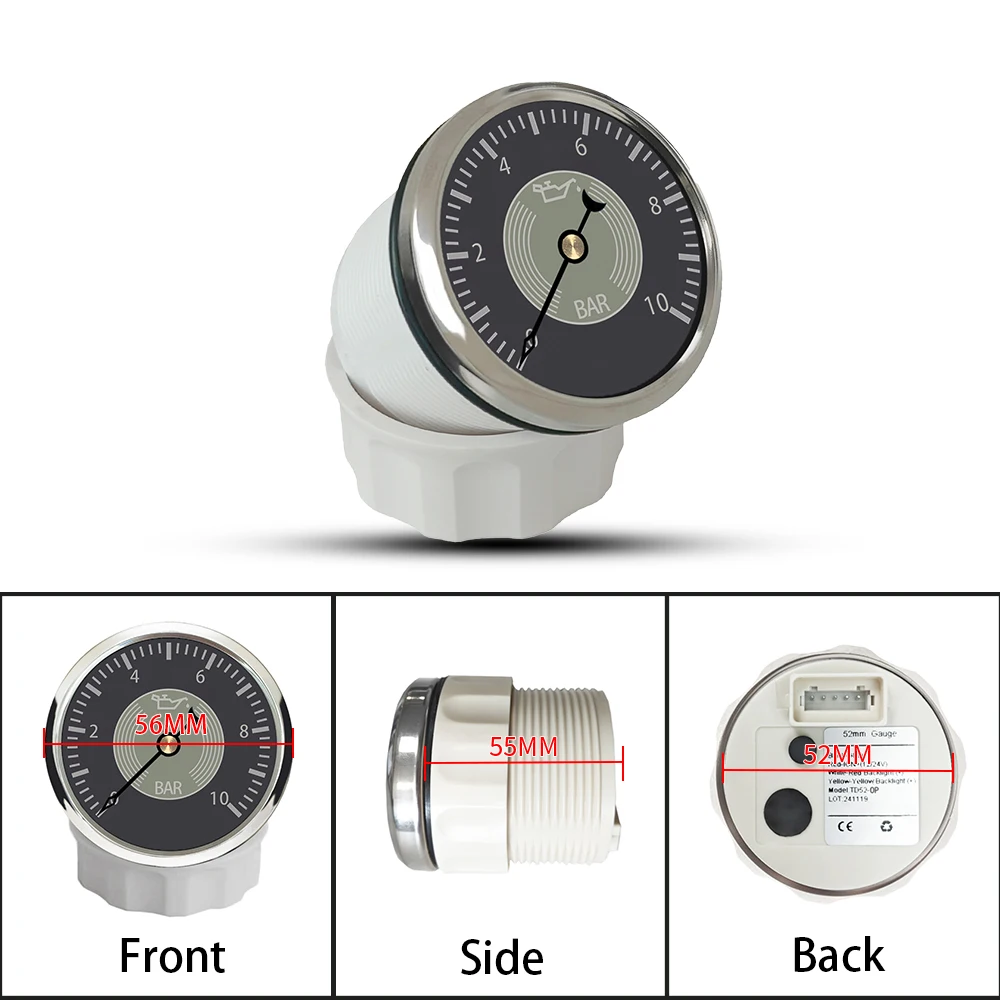 Rhaxel 52mm Oil Pressure Gauge 0-10Bar Meter Indicator with Backlight 12V 24Volts Waterproof for Car Trucks Tractors Boats