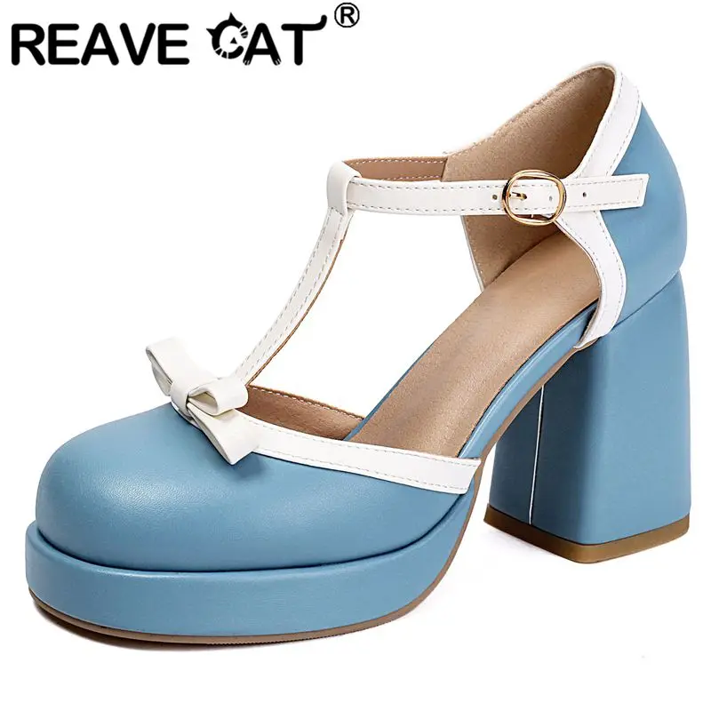 

REAVE CAT Женские сандалии с круглым носком на блочном каблуке 9 см на платформе 2 см с Т-образным ремешком Разноцветный бант Большой размер 46 47 48 Милая повседневная обувь