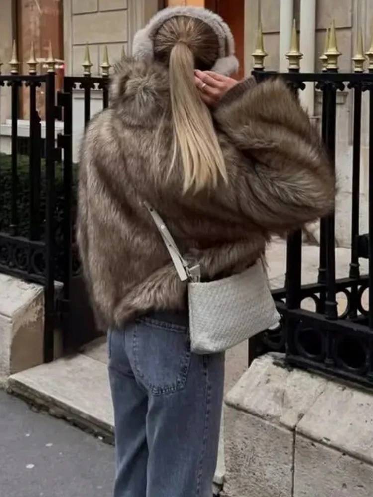 Trendix المرأة الشتاء فو الفراء معطف موضة التلبيب المرقعة سحاب أكمام طويلة سترة معاطف الشارع ملابس خارجية فضفاضة دافئة غير رسمية