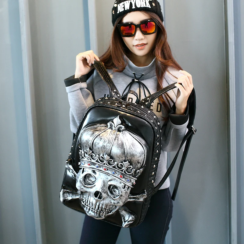 Women 3D Skull Head Royal Crown Embossed Punk Rock Gothic Charm Backpack Laptop School Shoulder Bag Travel Rucksack For Girl Man