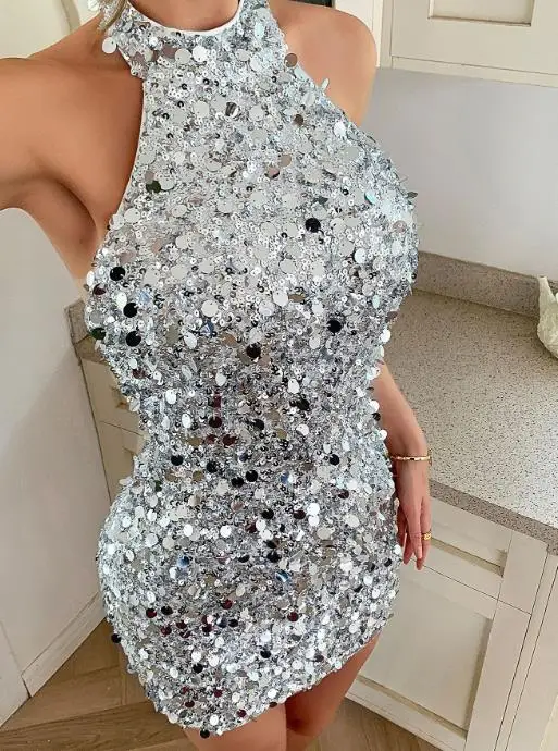 2025 여성 봄 여름 우아한 분위기, 넥 행잉 시퀸 드레스, 여성 의류, 2025 봄/여름