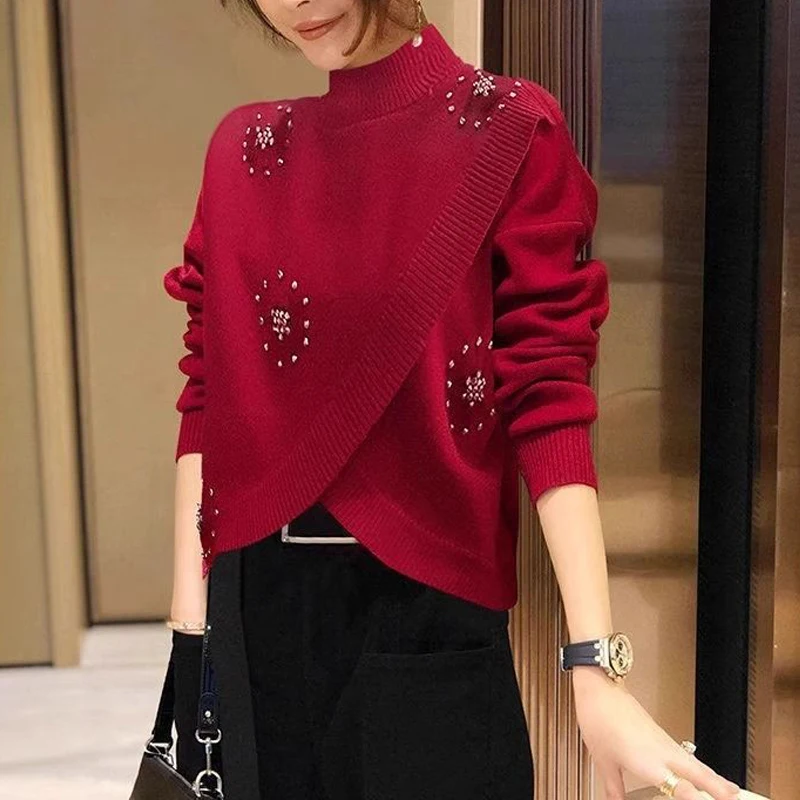 Clothes for Women Korean Fashion Beading Half High Collar Chic Knitted Sweater Autumn Winter Irregular Long Sleeve Pullover Tops