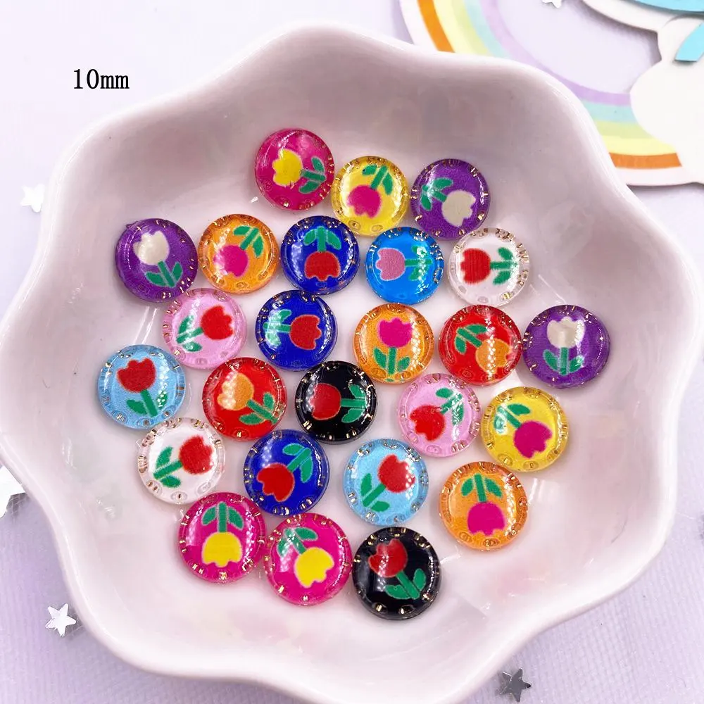 50pcs Resin Colorful 10mm Round Cute Tulips Flower Crystal Gemstone Flat Back Rhinestone Appliques DIY Wedding Scrapbooks Crafts