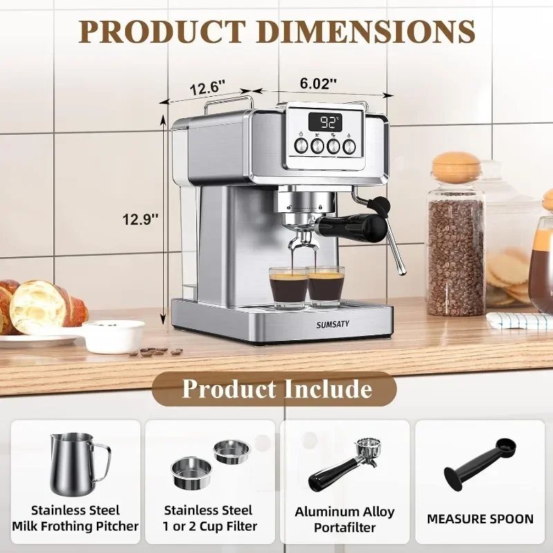 SUMSATY Stainless Steel Espresso Machine with Milk Frother for Latte Cappuccino Macchiato