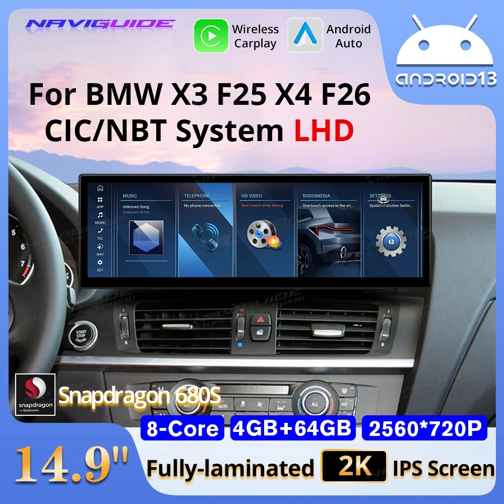 

NAVIGUIDE 14,9 ''Android 13 Автомобильный радиоприемник для BMW X3 F25 X4 F26 2011-2019 NBT Система Мультимедийный плеер Беспроводной Carplay Android Auto