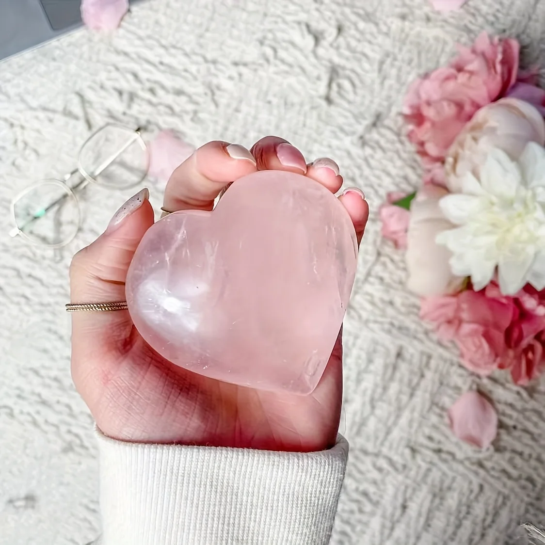 حجر كوارتز وردي على شكل قلب - كريستال وردي على الطراز البوهيمي، قطع على شكل قلب، حجر طبيعي، مناسب لديكور المنزل.