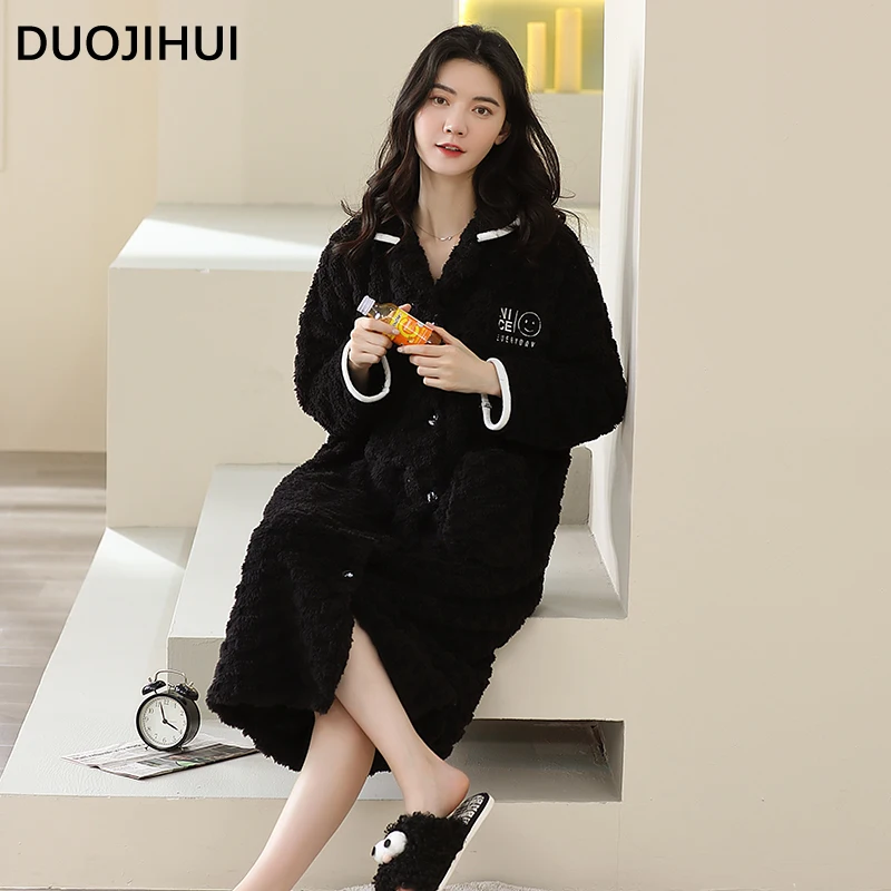 DUOJIHUI Winter Flannel Solid Color Simple Female Sleepwear Fashion Single Breasted Fashion Pocket Loose Casual Robes for Women