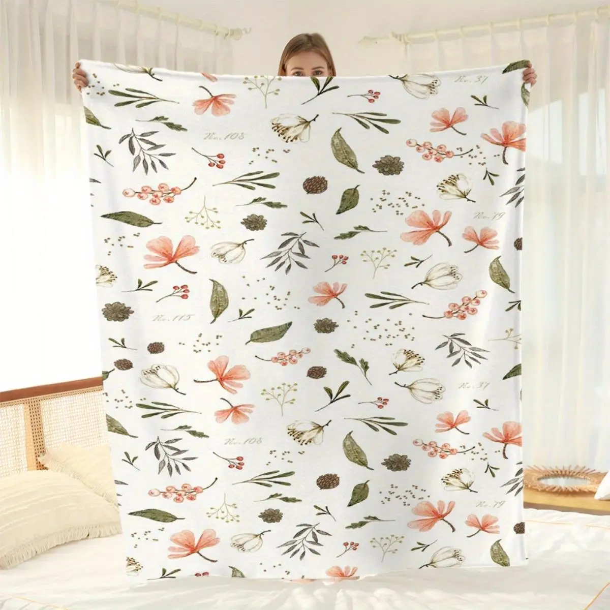 

1pc Modern botanical leaf and floral pattern blanket, polyester fabric, machine washable, suitable for bedroom and living room