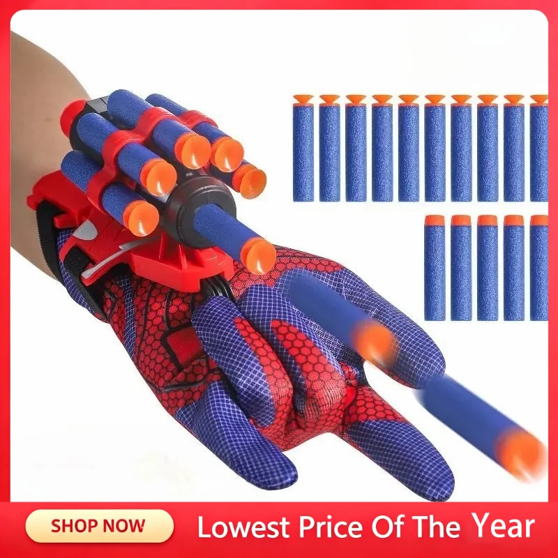 Halloween Gloves Web Shooter Toy 15 Darts Plastic Cosplay Launcher Glove Hero Movie Launcher Wrist Set Sticky Wall Foam Darts