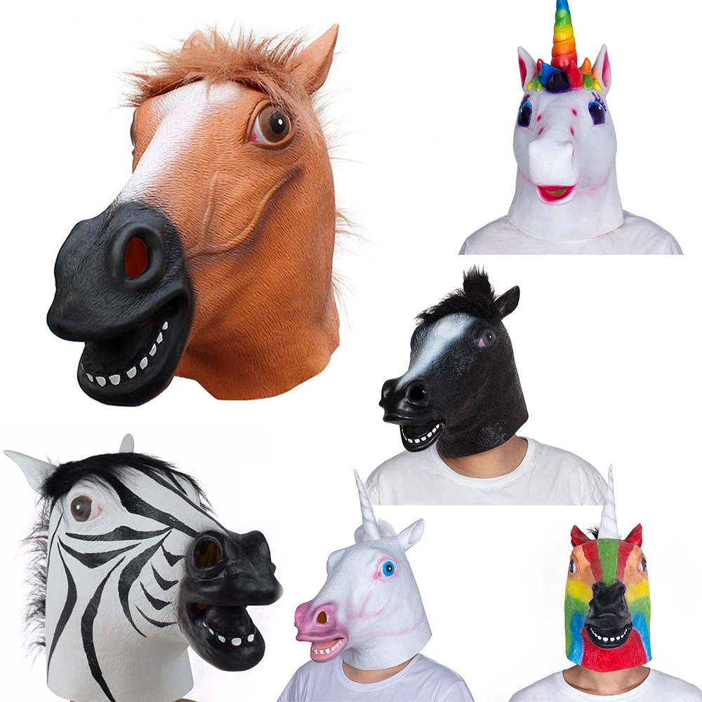 Halloween Masks Latex Horse Head zebra Cosplay Animal Costume Theater Prank Crazy Party Props  White Unicorn Full Face Mask