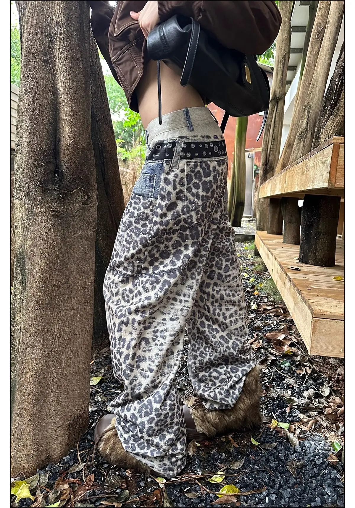 Women's Double Waistband Splicing Leopard Pants Cool Girl Wide Leg Street Bottoms High Waist Trendy Female Baggy Trousers