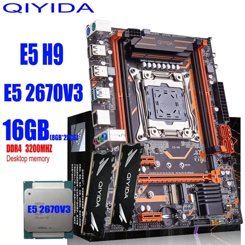 Go! QIYIDA X99 Motherboard Set with Xeon LGA2011-3 E5 2670 V3 CPU 2pcs X 8GB = 16GB 3200MHz DDR4 Desktop RAM Memory NVME USB