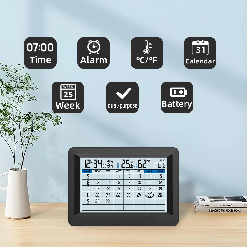 Alarm Clock Digital Calendar Wall Watch Week Number Thermometer Hygrometer Bedroom Electronic Desktop Clock 12/24 Hours Home