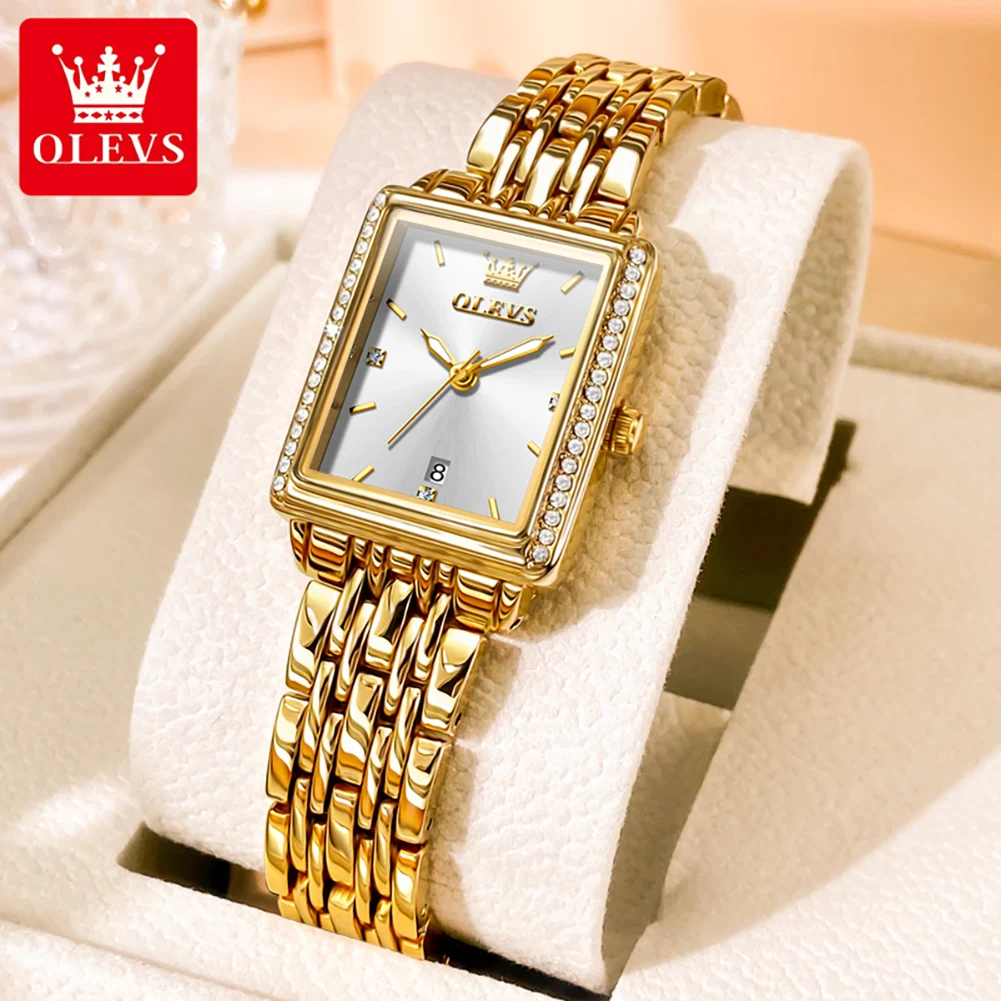 

OLEVS 9995 Womens Watch Original Elegant Quartz Watch Waterproof Luminous Date Ladies Square Watch Bracelet Set Gifts Box