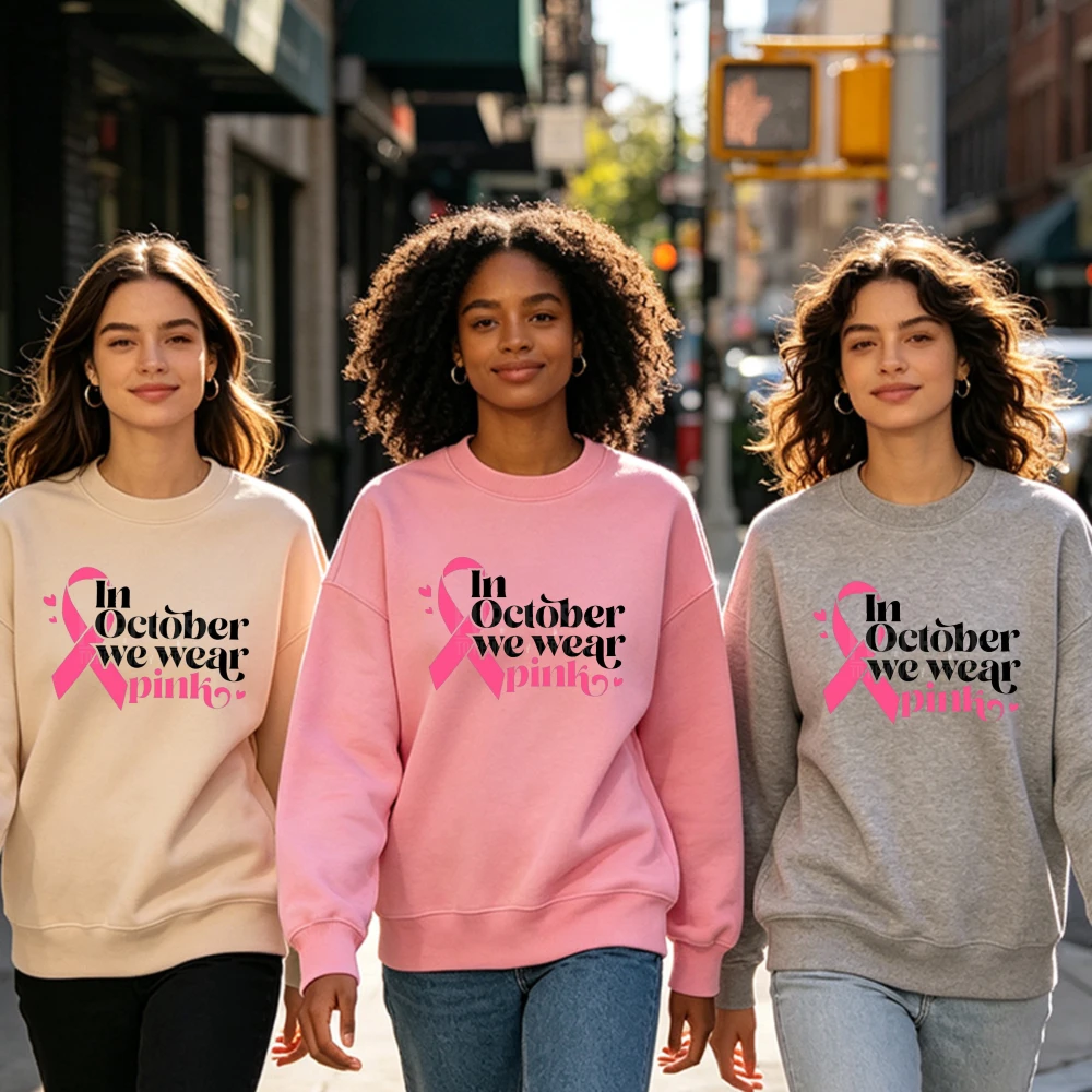 IN OCTOBER WE WEAR PINK Pink Ribbon Graphic Women Fall Warm Pullover Support Breast Cancer Awareness Casual Street Daily Attire