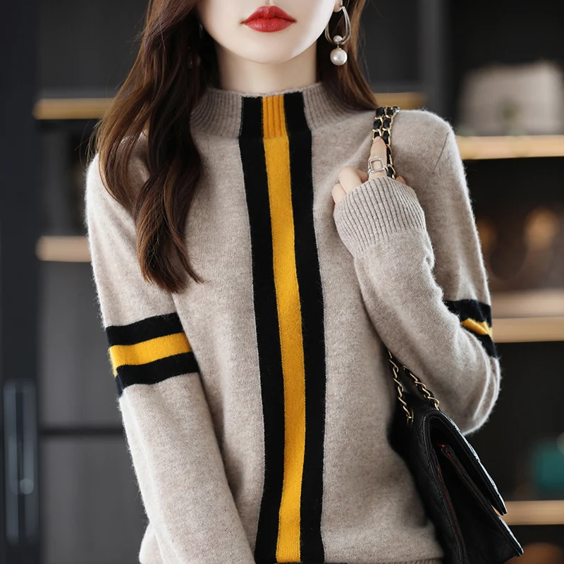 

Autumn and winter new 100% wool knitted semi high neck casual fashion striped design women's contrasting wool sweater top