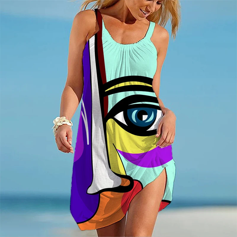 2023 Face 3d Print Beach Dress Traf for Ladies Women Hawaii Sexy Dress Strap Sleeveles Sundress Portrait Camisole Vestidos Gown