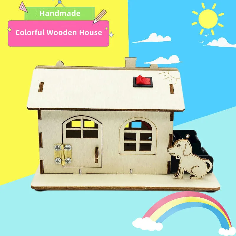 

DIY Child Handmade Wooden Cabin Assembly Building Model Toy Set with Light Science Education Experiments Toy For Kids Gifts