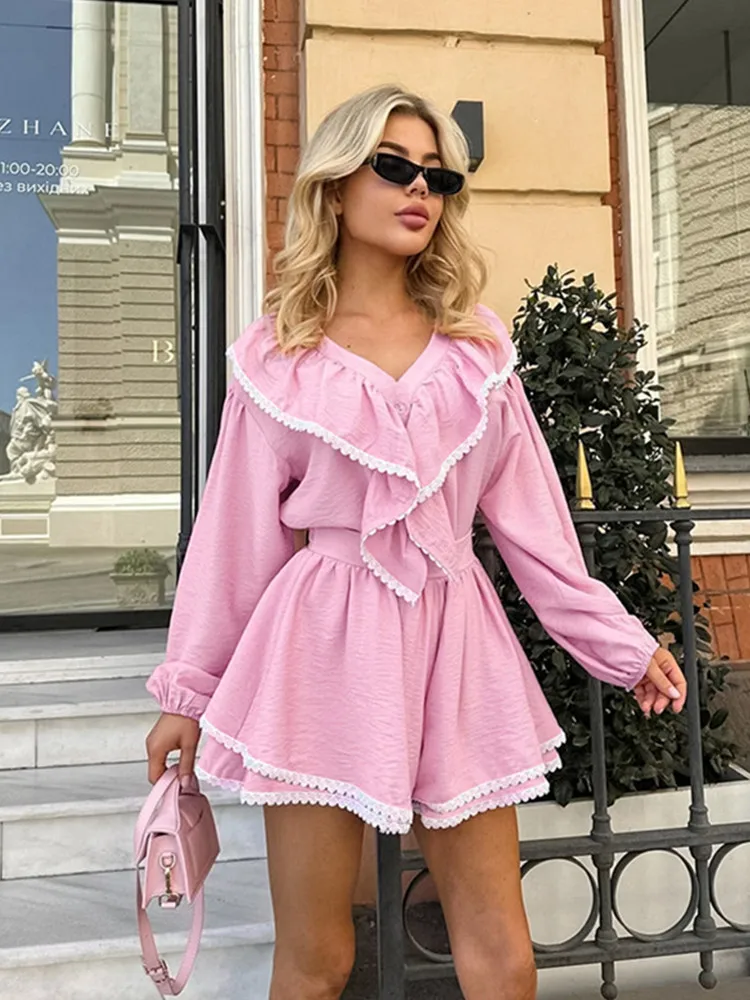 

BKLD Ruffles Lantern Sleeve V-Neck Tops And Shorts Two Piece Sets Outfits Fashion 2024 Autumn Winter Pink Set Women Clothing