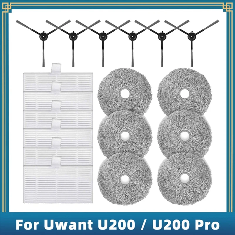 แปรงกรองด้านข้าง18ชิ้นผ้าถูพื้นสีดำ-ขาว & เทาพลาสติก + ไมโครไฟเบอร์สำหรับ U200 uwant/U200 Pro หุ่นยนต์ดูดฝุ่น