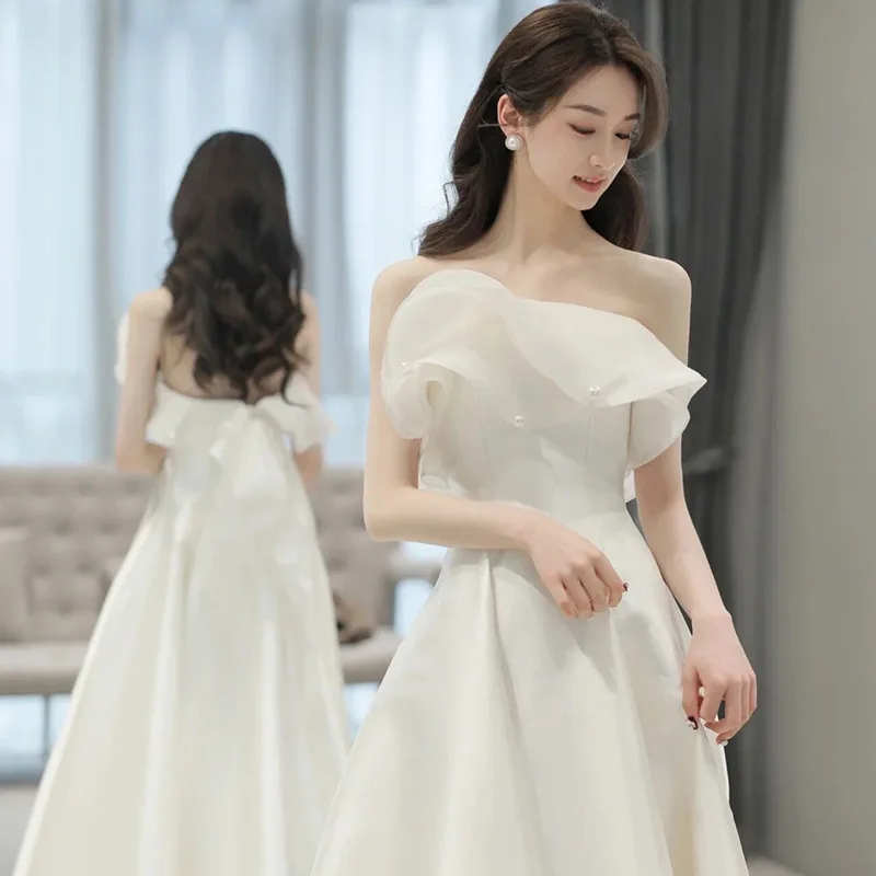 

French Style Strapless Light Wedding Dress Bride Simple High-End Satin Forest Style White Dress