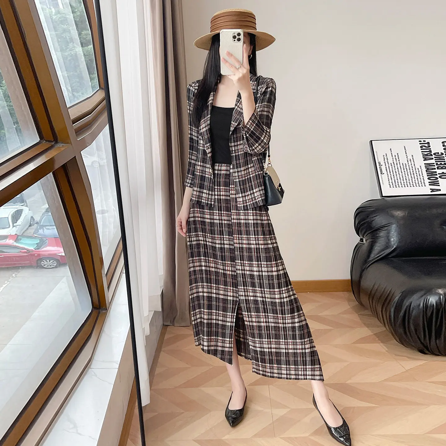 

Miyake Pleated Women's Casual Suit 2026 Spring and Autumn New Plaid Suit Collar Top and Skirt Large Size Commuting Two-piece Set