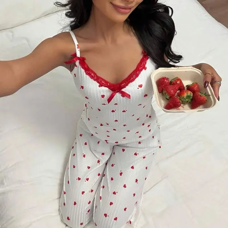 Fall/Winter Pajama Set For Women Elegant Loungewear Heart-Print Pants And Striped Top Lace-trimmed Suspenders Lingerie Pajamas view 4