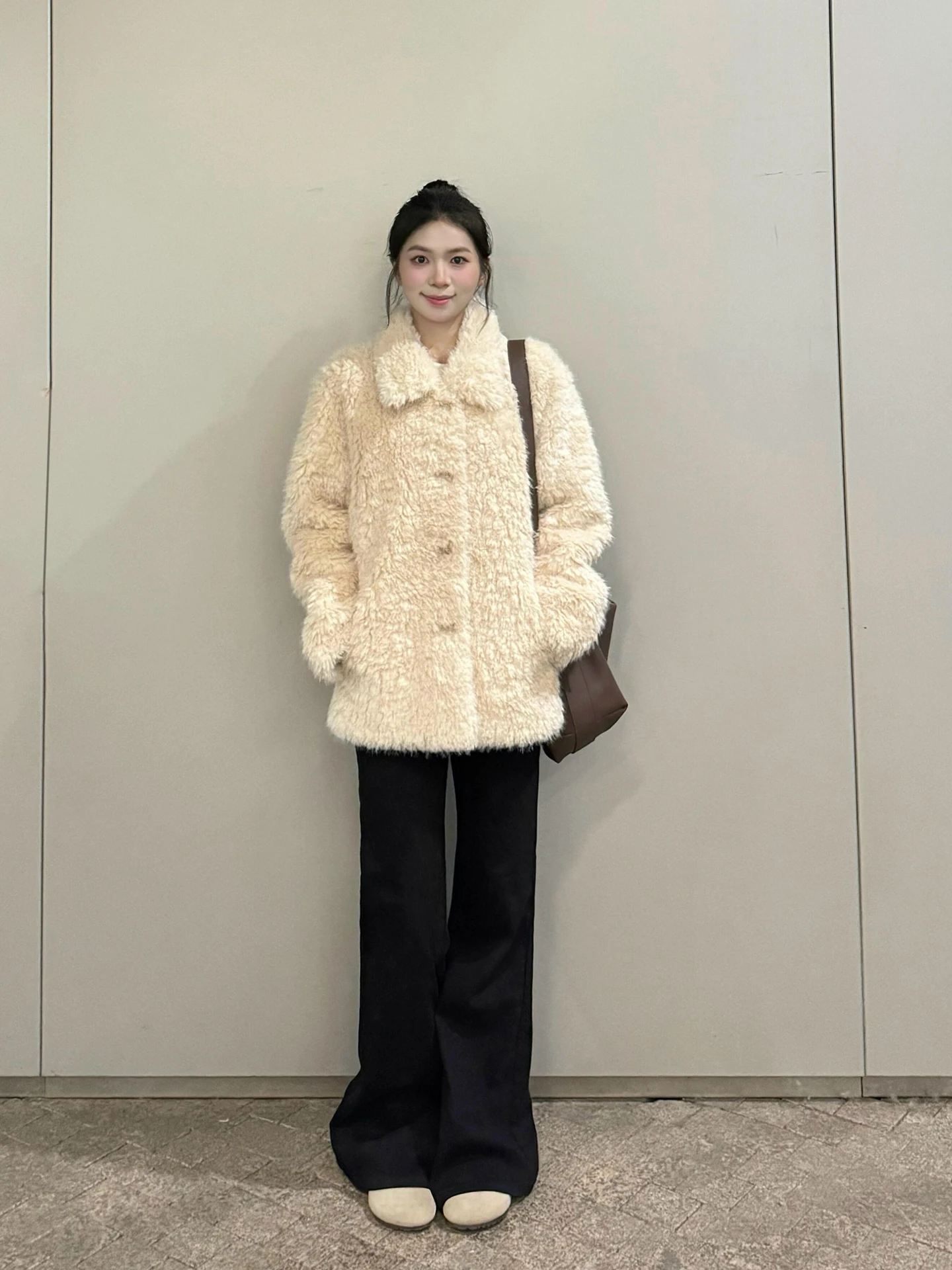 

Ele Retro Lamb Fur Jaet Women's Thi Warm Eco-friendly Long Coat Winter Commute Sle Loose Fit Button Closure