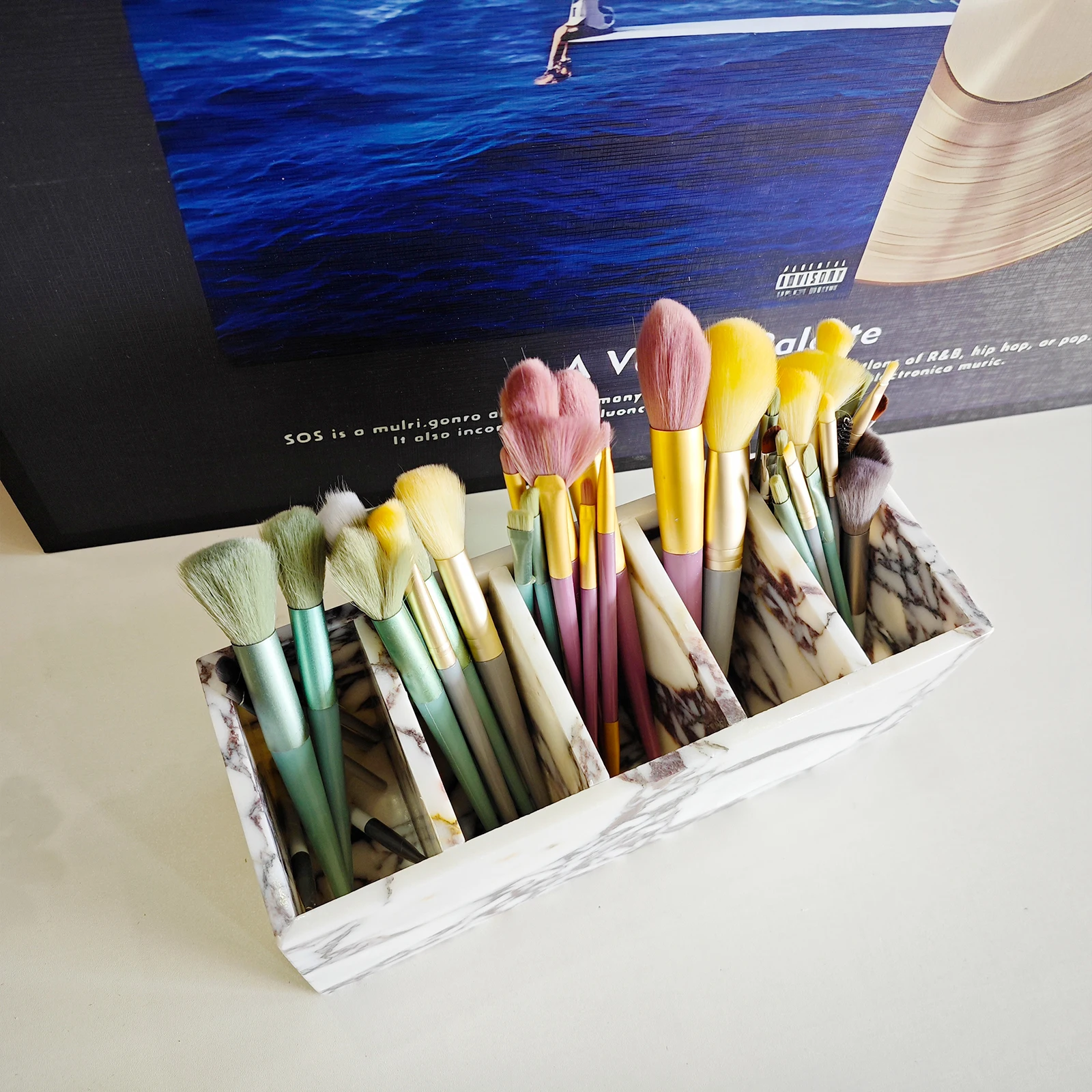 حامل أقلام رصاص من الرخام الطبيعي، منظم مكتب بطبقة مزدوجة، تخزين مستلزمات المكتب، قرطاسية لسطح المكتب، حامل فرشاة المكياج