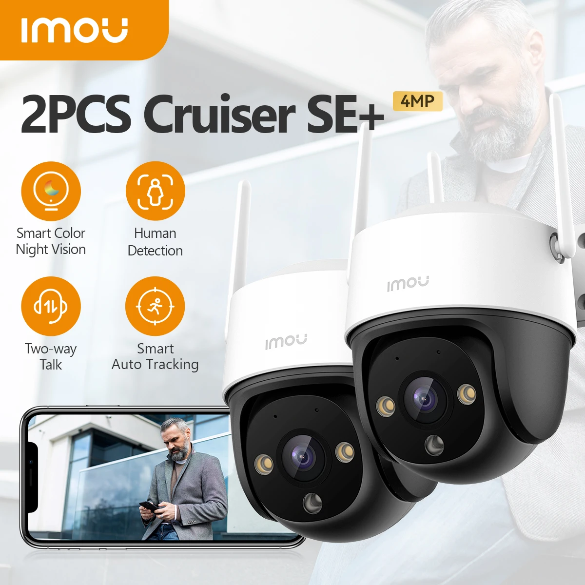 IMOU 2PCS Outdoor IP66 Cruiser SE+ 4MP Set Wi-Fi Camera  Security  Smart Color Night Vision 360° Coverage Smart Auto Tracking