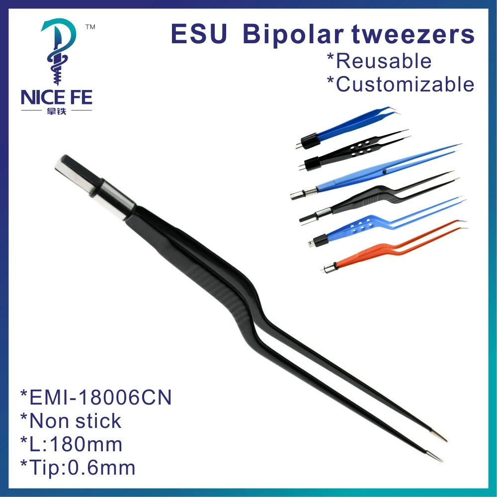 

IEC Bipolar tweezers Forceps Straight tip for Electrosurgical unit,Black nylon coated Non Stick Bipolar Bayonet Clamp