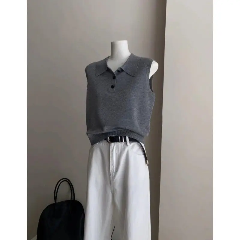 

French Solid Retro Sleeveless Polo Shirt for Women Spring and Summer Knitted T-shirts Vest Loose Layered Fashionable Tees